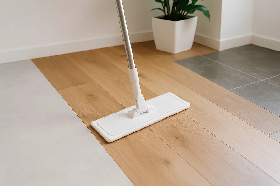 Rengöring av olika golvmaterial som trä, sten och vinyl i ett hem